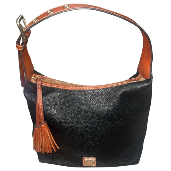 Dooney & Bourke Handbags - Dooney & Bourke Pebble Grain Paige Shoulder Bag Black Leather Tan Leather Accent